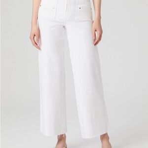 Paige Anessa Welt Pocket White Wide Leg Jeans Cropped to 28.5” size 28